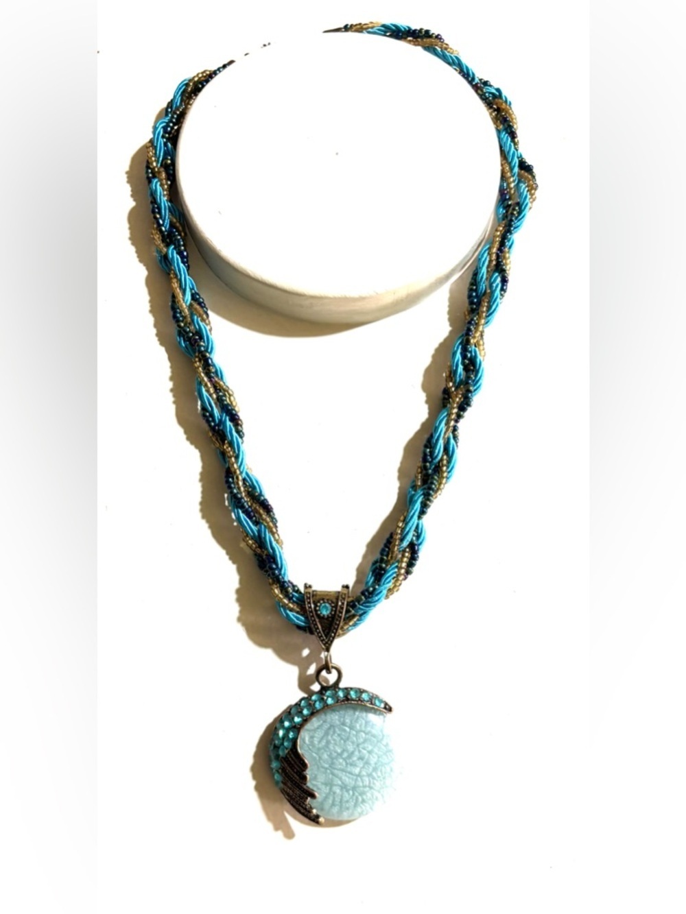 Turquoise Blue Braided Bead Moon Pendant Necklace - Unbranded